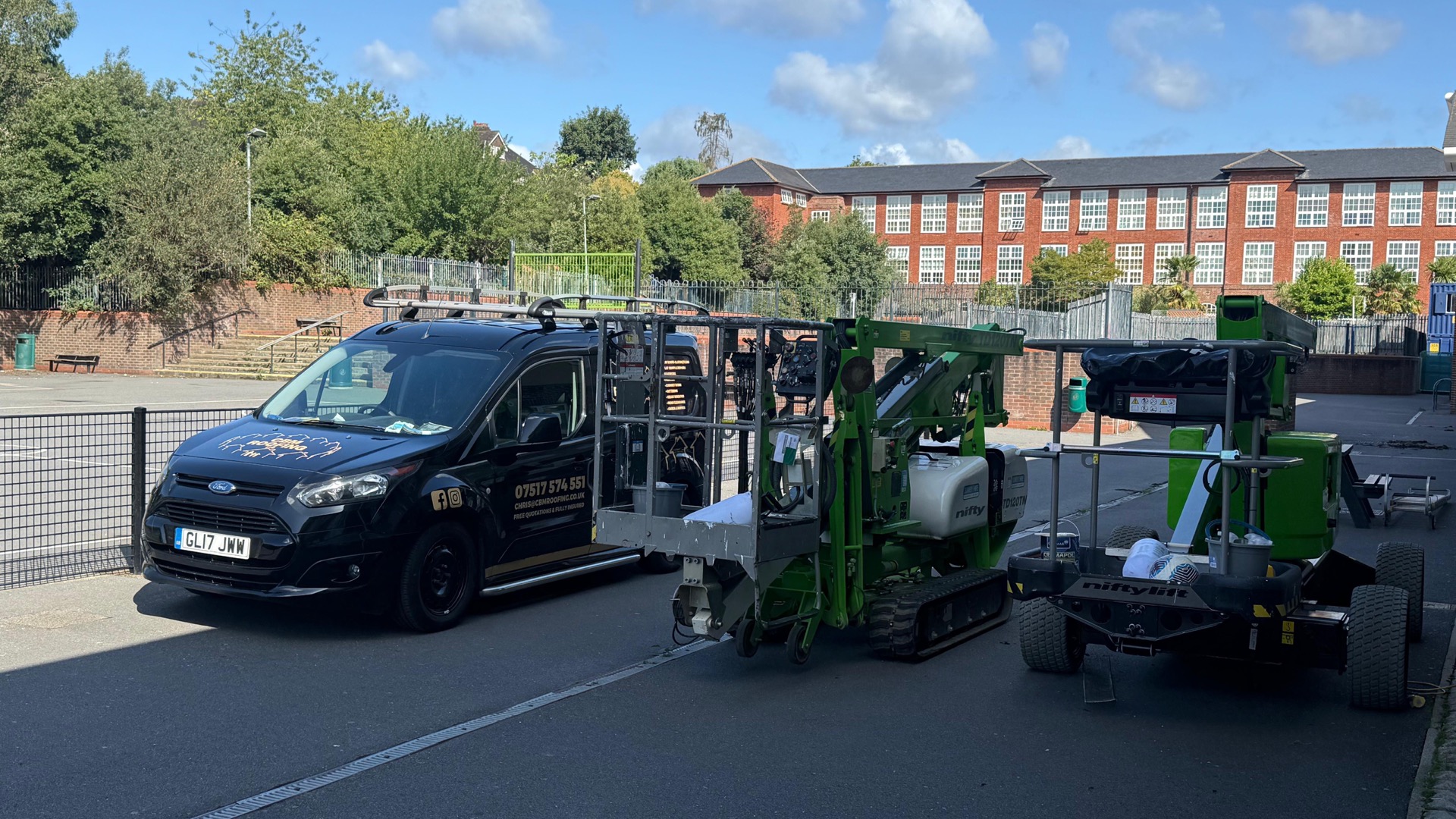 The CBM Roofing van and access platforms ready for a job in Surrey